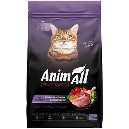 Повнораціонний сухий корм для котів AnimAll зі свіжою індичкою та качкою 12 кг