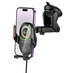 Автотримач з БЗП Hoco HW34 Blue whale 3-axis linkage wireless 15W (center console) Black - мініатюра 4