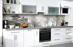 Вініловий кухонний фартух Східний храм у горах наклейка для кухні ПВХ Архітектура Сірий Happy Pocket Z181422 - мініатюра 5