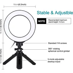 Кільцева USB LED лампа Puluz PKT3059B 6.2"+ настільний штатив - мініатюра 2
