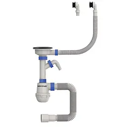 Сифон для кухонної мийки Mixxus SK-06-Bl з пластиковою сіткою, відведенням для пральної машини та гнучким круглим переливом 3 1/2"×40 MI8196