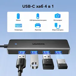 USB-хаб UGREEN CM219 концентратор вхід USB-C та 4 порти USB-A USB 3.2 Gen 1 теоретично до 5 Гбіт/с для Windows macOS Linux і Chrome OS Plug and Play для PS5 із сумісними з консоллю USB-аксесуарами зі світлодіодним індикатором вбудований кабель 0,15 м чорний (35461) - мініатюра 2
