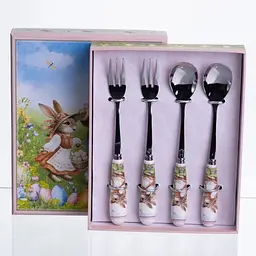 Набір столових приборів Yiwu Rabbit Family HP-7323-12 десертний на 2 особи, 4 предмети, порцелянові ручки