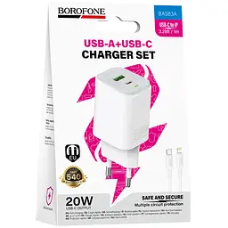 МЗП BAS83A Star PD20W+QC3.0 (1USB-A/1C) + кабель Type-C to Lightning White Borofone teh0029625 - мініатюра 4