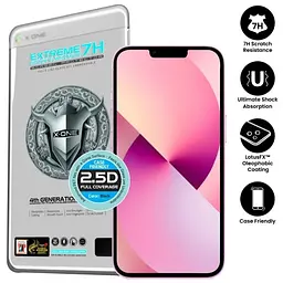Захисна плівка iPhone 13 /13 Pro /14 /16e з чорною рамкою, протиударна, 2.5D, 7H, Extreme Shock Eliminator, 4th Generation, X-One