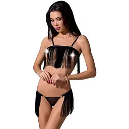 Комплект білизни Passion Exclusive KASSANDRA SET OpenBra Black L/XL: ліф з бахромою, трусики-спідн