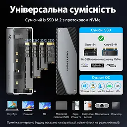 Зовнішній корпус M.2 NVMe SSD Vention USB-C USB 4.0 до 40 Гбіт/с SSD до 8 ТБ формати 2230/2242/2260/2280 ключі B&M Key та M Key вентилятор з авторегулюванням швидкості Thunderbolt 3/4 Windows Linux Mac OS Android iOS монтаж без інструментів UASP TRIM SMART сон через 5 хв алюмінієвий сплав кабель USB 4.0 USB-C ↔ USB-C 0,3 м і силіконова термопрокладка в комплекті сріблясто-сірий із темно-сірими акцентами (KPZH0) - мініатюра 2