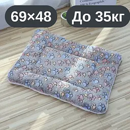 М’який плюшевий килимок-лежанка для котів та собак, теплий двосторонній матрацик, 69×48, до 35 кг, сірий з лапками KT8001184