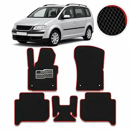Килимки в салон EVA для Volkswagen Touran I / II 2003-2015 (Металевий підп'ятник) Чорні-Червоний кант 5 шт