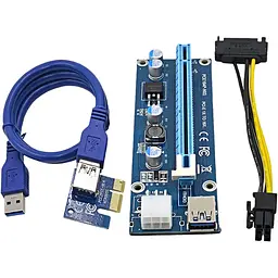 Riser PCI-EX, x1=gt;x16, 4-pin MOLEX, SATA=gt;4Pin, USB 3.0 AM-AM 0,6 м (синій), конденсатори CS 220 16V, Пакет