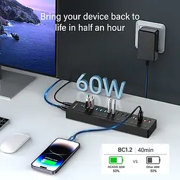Розумний USB hub Acasis DS-516PB на 16 портів USB-C/USB 5 Гбіт/с розгалужувач з живленням від мережі (Чорний) - мініатюра 4