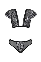 Комплект Passion LEAFA BIKINI black S/M, бюстгальтер-топ з рукавчиками, стрінги-шортики з вирізом - мініатюра 3