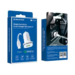 Автомобільний зарядний пристрій Borofone BZ12A USB QC 18W білий + кабель USB to Type-C - мініатюра 3