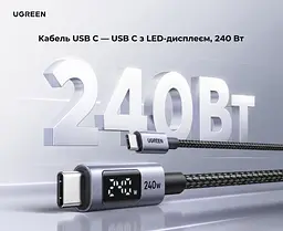 Кабель UGREEN L530 USB-C - USB-C PD 240 Вт з LED-дисплеєм 2 м чорний (65867) - мініатюра 4