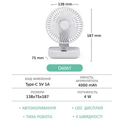 Вентилятор настільний бездротовий GXQC D606Y білий - мініатюра 5