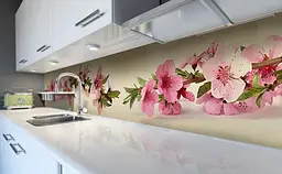 Вініловий кухонний фартух Рожева сакура наклейка ПВХ Квіти вишні Бежевий 65х250 см Happy Pocket Z181579