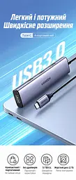 USB-C хаб для периферії UGREEN CM473 концентратор вхід USB-C для хоста та 4 вихідні порти USB-A 3.0 передавання даних до 5 Гбіт/с вбудований кабель 0,2 м кабель в обплетенні без окремого порту живлення для телефонів і планшетів із USB-C та підтримкою OTG одночасна робота всіх 4 портів працює без встановлення драйверів сумісність із ОС Windows Mac OS і Linux корпус космічного сірого кольору з чорним кабелем і чорними деталями (20841) - мініатюра 10