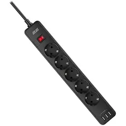  Мережевий фільтр-подовжувачь 2E SP515M2-USB-BK 5хSchuko 3xUSB 2 м 5 розеток 16 A 3.68 кВт - мініатюра 2