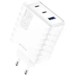 Мережевий зарядний пристрій Proove Speed Surge GaN, White, 65 Вт, 2xType-C (45 Вт + 20 Вт, PD3.0) / 1xUSB (18 Вт, QC3.0) (WCSS60120002)