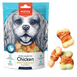 Wanpy Chicken Jerky & Biscuit Twists ВАНПІ БІСКВІТ З В’ЯЛЕНОЮ КУРКОЮ печиво, ласощі для собак, 100 г