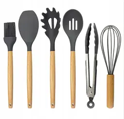 Силіконовий кухонний набір приладдя Kitchen & Dining 12 предметів (дерево+силікон) графітовий - мініатюра 6