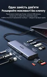 Док-станція USB-C UGREEN CM498 хаб 2 USB-A та 2 USB-C для даних до 5 Гбіт/с HDMI до 4K 60 Гц з режимами 2K 120 Гц та 1080p 144 Гц для HDMI потрібен відеовихід USB-C пристрою RJ45 Ethernet до 1000 Мбіт/с кардридер SD/microSD вхід живлення USB-C PD 3.0 до 100 Вт із заряджанням ноутбука до 85 Вт одночасне читання двох карт для Windows/macOS/Linux вбудований кабель 0,2 м темно-сірий (15375) - мініатюра 2