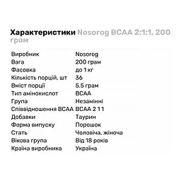 Амінокислота BCAA Nosorog BCAA 2:1:1, 200 грам - Без смаку - мініатюра 2