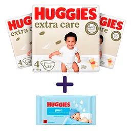 Набір Huggies: підгузки Extra Care Jumbo 4 (8-16 кг), 99 шт. + вологі серветки Huggies Pure без пластику 48 шт.