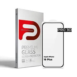 Захисне скло на Apple iPhone 16 Plus з олеофобним покриттям, Pro 3d, повне проклеювання, антистатичний і пиловідштовхуючий шар, 9H, самоклеючеся, 3D, на весь екран, антистатичний клей, оригінал ArmorStandart (ARM78033)
