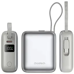 Універсальна мобільна батарея Choetech 10000mAh 35W PD3.0 USB-C In/Out, LED Display, with buid-in type-C cabel сіра - мініатюра 4
