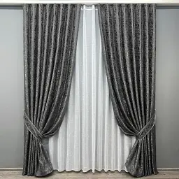 Комплект штор с тюлем VR-Textil Лен Мрамор, серо-коричневый с белым, 2 шторы 100×270 см + тюль 300×270 см, арт. 71-141/1