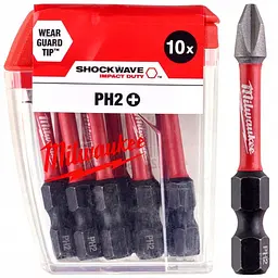 Біта SHOCKWAVE MILWAUKEE, PH2, 50мм, (10 шт), пластикова коробка