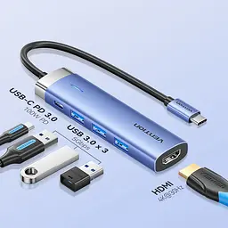 Док-станція USB3.1 Type-C --> HDMI/USB 3.0x3/PD 100W Синій Aluminum Alloy Hub 5-in-1 Vention - мініатюра 5