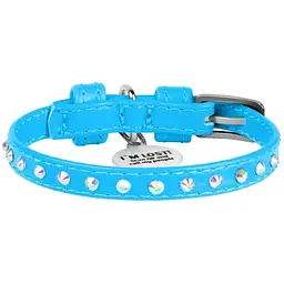 Нашийник для собак Waudog Glamour, шкіряний, зі стразами, з QR паспортом, XS, 19-25х0,9 см, блакитний
