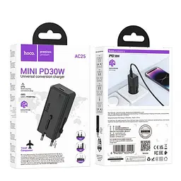 Мережевий зарядний пристрій Hoco AC25 Mini single port PD30W universal travel charger чорний - мініатюра 4