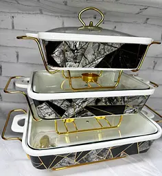 Набір з 3-х мармітів керамічних прямокутних Kitchen з кришками із скла Вітраж Золотий - мініатюра 4