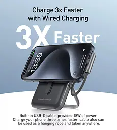 УМБ Choetech Magnetic Wireless 10000mAh 20W PD USB-C In/Out,Qi-15W,build-in cabel Black - мініатюра 5