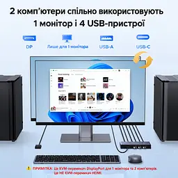 KVM-перемикач UGREEN CM695 DisplayPort 1.4 2 ПК і 1 монітор до 8K 60 Гц або 4K 240 Гц 3 USB-A та 1 USB-C USB 3.0 до 5 Гбіт/с для 8K 60 Гц (25962A) - мініатюра 13