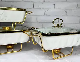 Набір з 3-х мармітів керамічних прямокутних Kitchen з кришкамискла Біло Золотий - мініатюра 6