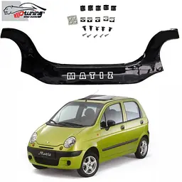 Дефлектор капоту мухобійка для Daewoo Matiz 1998-2008 з заходом на фари Євро Кріплення (Vip Tuning) DW01
