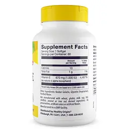 Вітамін Е Healthy Origins Vitamin E 1000 IU 60 капсул для підтримки шкіри волосся та нігтів - мініатюра 2