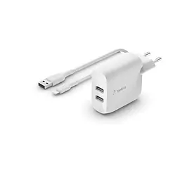 Зарядний пристрій Belkin мережевий Boost Up Charge Dual USB-A Wall Charger 24W + Lightning White (WCD001VF1MWH) - мініатюра 2