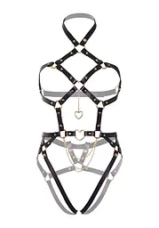 Портупея-тедді з екошкіри Leg Avenue Heart ring harness teddy M Black, підвіска-серце, ланцюги - мініатюра 5
