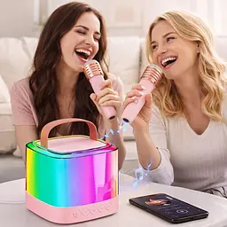 Портативна колонка-караоке + 2 мікрофони, Bluetooth, USB, TF, AUX, T7, Рожевий / Бездротова колонка / Bluetooth-колонка - мініатюра 4