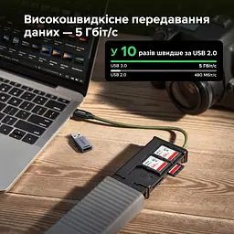 Картридер-кейс UGREEN CM856 підключення USB-C з комплектним перехідником на USB-A слоти для читання 2 × SD та microSD (TF) USB 3.0 до 5 Гбіт/с одночасне читання й запис SD1 + SD2 або SD1 + TF місця для зберігання 6 SD та 4 microSD підтримка карт до 4 ТБ Windows macOS Linux без встановлення драйверів зсувна кришка вбудований кабель 15 см сірий із чорним внутрішнім лотком (55899) - мініатюра 5