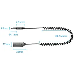 Автомобільний аудіоприймач Vention AUX TRS 3.5мм USB Bluetooth 5.4 Coiled Cable Zinc Alloy 1.5M Сірий (NAIHG) - мініатюра 2