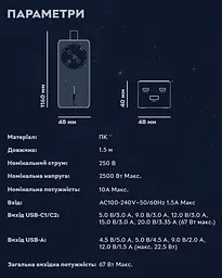 Toocki 67W Desktop Charger 2 x Type-C, 1 х USB 1.5 м, Black + розетка - мініатюра 8