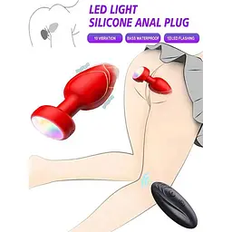 Силіконова анальна пробка що світиться з вібрацією та пультом ДК Light Anal Plug червона 9х3.5 см - мініатюра 4