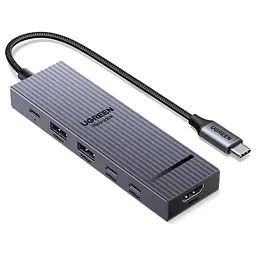 USB-C хаб UGREEN Revodok Pro CM818 6 в 1 HDMI до 4K 60 Гц 2 USB-A та 2 USB-C для даних USB 3.2 Gen 2 до 10 Гбіт/с вхід USB-C PD 3.0 до 100 Вт наскрізне заряджання ноутбука до 85 Вт HDMI потребує USB-C з відеовиходом заряджання потребує приймання живлення USB-C для 85 Вт потрібні зарядний пристрій PD 100 Вт і кабель Windows macOS Linux без драйверів Steam Deck ROG Ally індикатор алюмінієвий корпус вбудований кабель 20 см космічний сірий (45363)