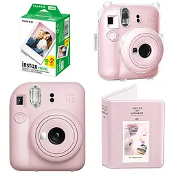Набор камера Fujifilm Instax Mini 12, Фотобумага 20шт, Прозрачный чехол, Фотоальбом 64 фото Розовый